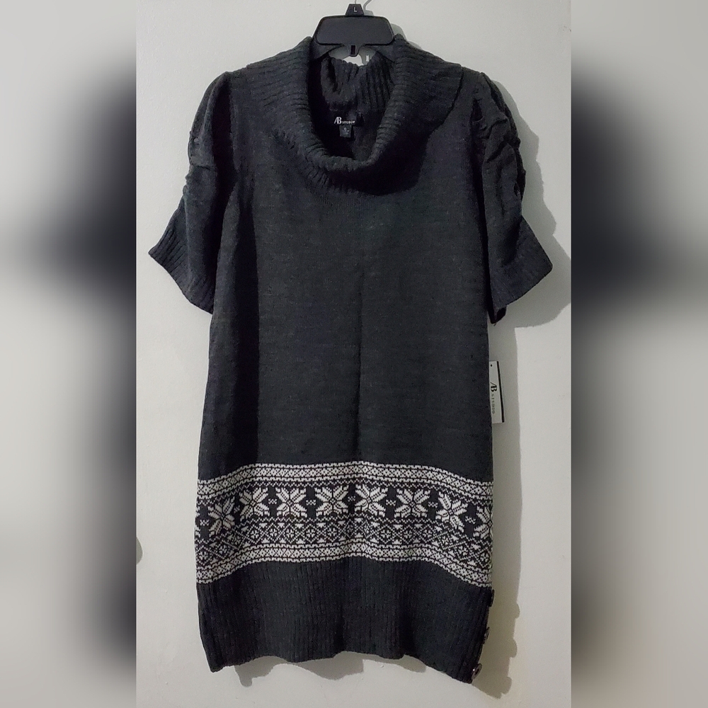 AB Studio, Women's Charcoal Gray Fair Knit Isle Cowl Neck Sweater Dress. NWT
